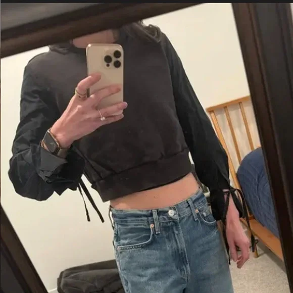 3.1 Phillip Lim Gray Crop Sweatshirt XS Whimsigoth Tie Sleeves Designer $300 - Picture 4 of 12